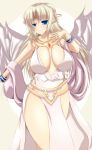  1girl blonde_hair blue_bracelets blue_eyes blush bracelet breasts choker circlet cleavage dress gem_on_head goddess ilias impossible_clothes jewelry large_breasts long_hair mon-musu_quest! monster_girl pointy_ears sash scarf silver_hair slit_pupils smile solo tiara very_long_hair wingless 