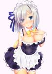  1girl alternate_costume apron bare_shoulders blue_dress blue_eyes breasts choker colored_eyelashes dress enmaided eyes_visible_through_hair frills hair_ornament hairclip hamakaze_(kantai_collection) hand_on_own_chest highres kantai_collection large_breasts lips looking_at_viewer maid maid_apron maid_headdress off_shoulder short_dress short_hair suzumia_(daydream) thigh-highs yellow_legwear zettai_ryouiki 