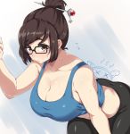  1girl black-framed_glasses breasts brown_hair cleavage flying_sweatdrops glasses highres hot large_breasts leaning_forward looking_at_viewer mei_(overwatch) moisture_(chichi) overwatch plump short_hair solo sweat sweating thighs tied_hair 