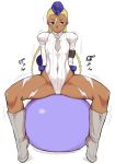  1girl ball blonde_hair blue_eyes boots braid cammy_white covered_navel dark_skin dr.p garrison_cap hat leotard looking_at_viewer pout simple_background solo street_fighter thighs translation_request twin_braids white_background 