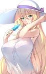  1girl bare_shoulders blonde_hair breasts character_request from_side green_eyes hair_between_eyes hat highres large_breasts large_hat long_hair looking_at_viewer lovely_x_cation minamon_(vittel221) official_art parted_lips popsicle see-through very_long_hair white_hat 