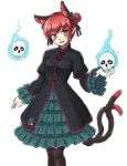  1girl adapted_costume alternate_hairstyle animal_ears black_dress black_legwear cat_ears cat_tail dress extra_ears flaming_skull frilled_dress frills gomi_(gomitin) green_dress hair_bun juliet_sleeves kaenbyou_rin layered_dress long_sleeves looking_at_viewer multiple_tails open_mouth pantyhose puffy_sleeves red_eyes redhead smile solo tail touhou two_tails wide_sleeves 