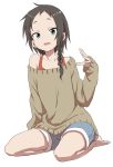 1girl bare_legs bare_shoulders barefoot black_hair braid collarbone eyebrows forehead green_eyes hand_up highres kneeling loose_clothes off_shoulder short_hair shorts sleeves_past_wrists sweater white_background yamamoto_souichirou 