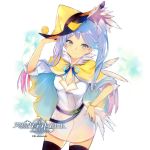  1girl aqua_eyes belt black_legwear bracelet breasts character_request cleavage copyright_name cowboy_shot dress female hat jewelry long_hair lp_(hamasa00) multicolored_hair smile solo striped_hat tagme tenkuu_no_craft_fleet thigh-highs very_long_hair white_dress witch_hat yellow_hat 