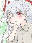  1girl :t arm_support artist_name blush bow clenched_hand collared_shirt dated dress_shirt eyebrows eyebrows_visible_through_hair fujiwara_no_mokou hair_bow long_hair nonn_(alte_alice) one_eye_closed red_eyes shirt silver_hair sleeves_rolled_up solo thought_bubble touhou 