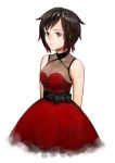  1girl arms_behind_back artist_request brown_hair dress grey_eyes highres red_dress ruby_rose rwby short_hair sketch smile solo white_background 