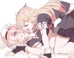  beret bike_shorts blonde_hair blush bow cis_(carcharias) closed_eyes commentary_request fingerless_gloves gloves hair_bow hair_ornament hairclip harusame_(kantai_collection) hat kantai_collection long_hair midriff navel on_bed one_eye_closed open_mouth pink_eyes pink_hair pinned remodel_(kantai_collection) school_uniform serafuku shorts_under_skirt side_ponytail sketch tears tongue tongue_out vampire yuudachi_(kantai_collection) 