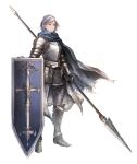  1girl armor cape highres isono_wataru original polearm shield short_hair silver_hair simple_background solo spear standing weapon white_background yellow_eyes 
