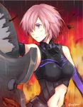  1girl armor bare_shoulders crying crying_with_eyes_open elbow_gloves fate/grand_order fate_(series) gloves hair_over_one_eye lavender_hair leo-time navel rain shield shielder_(fate/grand_order) short_hair solo tears twitter_username upper_body violet_eyes 
