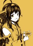  1girl :d ahoge bangs bare_shoulders blush cup detached_sleeves double_bun hairband headgear heart holding holding_cup kantai_collection kongou_(kantai_collection) kouji_(campus_life) long_hair long_sleeves looking_at_viewer monochrome nontraditional_miko open_mouth revision sidelocks sketch smile solo teacup wide_sleeves yellow_background 