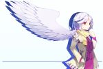  1girl dress gradient gradient_background hand_in_pocket highres jacket kishin_sagume long_sleeves profile purple_dress red_eyes scarf short_hair silver_hair single_wing smile solo touhou upper_body vomoboros wings 