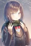  1girl :d blazer blue_eyes brown_hair copyright_request dress_shirt green_scarf highres io_enishi jacket open_mouth outdoors plaid plaid_scarf scarf school_uniform shirt sleeves_past_wrists smile solo sweater upper_body white_shirt 