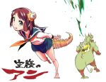  1girl barefoot brown_hair commentary_request dragon_girl extra_eyes gessan highres hybrid kaijuu monster nakahara_keihei original saliva school_uniform tail tongue tongue_out translated white_background 