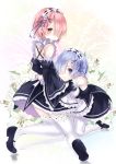  2girls blue_eyes blue_hair blush breasts detached_sleeves dress frills from_behind hair_ornament hair_over_one_eye hair_ribbon hug leaning looking_at_viewer looking_back maid multiple_girls pink_hair ram_(re:zero) re:zero_kara_hajimeru_isekai_seikatsu red_eyes reio_reio rem_(re:zero) ribbon short_hair siblings sisters thigh-highs twins white_legwear x_hair_ornament 