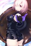  1girl absurdres armor ass black_panties cowboy_shot fate/grand_order fate_(series) from_behind gloves hair_over_one_eye highres looking_back offering_hand panties purple_hair shield shielder_(fate/grand_order) short_hair solo tetsu_(countryside) underwear violet_eyes 