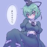  1girl black_dress dress green_eyes green_hair hat hat_ribbon juliet_sleeves long_sleeves looking_at_viewer miata_(pixiv) pointy_ears puffy_sleeves ribbon sitting soga_no_tojiko solo touhou translation_request wavy_mouth 