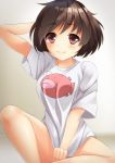  1girl akiyama_yukari anglerfish arm_up bangs bare_legs blush bottomless closed_mouth covering covering_crotch eyebrows eyebrows_visible_through_hair fish_print girls_und_panzer gradient gradient_background hand_on_own_head looking_at_viewer messy_hair neko_neko_koneko print_shirt red_eyes shirt shirt_tug short_hair short_sleeves smile solo t-shirt two-tone_background 