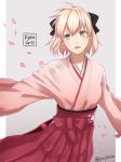  1girl :d ahoge black_bow blonde_hair blush bow cowboy_shot fate/grand_order fate_(series) green_eyes hair_bow hakama hip_vent japanese_clothes kimono koha-ace leo-time long_sleeves looking_at_viewer open_mouth sakura_saber short_hair smile solo twitter_username type-moon wide_sleeves 