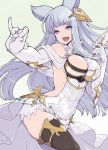  1girl :d animal_ears bangs bare_shoulders black_legwear blue_eyes breasts cat_ears elbow_gloves gloves granblue_fantasy hair_ornament hanauna highres korwa large_breasts long_hair looking_at_viewer mismatched_legwear open_mouth quill silver_hair simple_background smile solo thigh-highs thread white_gloves white_legwear 