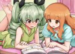  2girls absurdres alternate_costume anchovy bare_shoulders barefoot black_ribbon blush book buttons catalog drill_hair girls_und_panzer green_hair hair_ribbon highres indoors legs_up long_hair lying multiple_girls okitsugu on_stomach open_book open_mouth orange_eyes orange_hair pajamas pointing_finger red_eyes ribbon short_sleeves takebe_saori twin_drills twintails wavy_mouth 