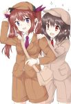  2girls alternate_costume bag brown_hair cabbie_hat hair_ribbon hand_on_headwear hands_on_another&#039;s_shoulders hat himekaidou_hatate jacket looking_at_viewer multiple_girls necktie open_mouth pointy_ears purple_necktie red_eyes red_necktie ribbon satchel shameimaru_aya shorts simple_background sparkle sweatdrop touhou twintails violet_eyes white_background yossy_(yossy1130) 