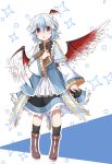  1girl a_(shbm) adapted_costume alternate_costume bird_wings black_legwear blush book boots dress full_body head_wings horns kneehighs layered_dress long_sleeves looking_at_viewer open_mouth pointy_ears red_eyes ribbon solo tokiko_(touhou) touhou white_background wide_sleeves wings 