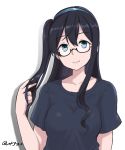  1girl alternate_costume alternate_hairstyle arm_at_side black_hair blue_eyes blue_shirt collarbone glasses hair_between_eyes hair_tousle hairband highres kantai_collection long_hair looking_at_viewer ooyodo_(kantai_collection) semi-rimless_glasses shirt short_sleeves side_ponytail taka_(vert_320) upper_body 