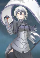  1girl absurdres alternate_hairstyle armor blood blood_on_face chain fate/apocrypha fate/grand_order fate_(series) hair_over_one_eye highres jeanne_alter jingzhongyin rain ruler_(fate/apocrypha) ruler_(fate/grand_order) short_hair solo standard_bearer thighs 