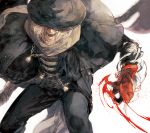  1boy axe bandaged_arm bandaged_head beard blood bloodborne claws cloak cowboy_shot facial_hair father_gascoigne haco_(o10fu) hat hidden_face old_man scarf simple_background solo weapon white_background white_hair 