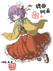  1girl 2016 bow calligraphy_brush dated floral_print flower full_body hair_bow hair_flower hair_ornament hair_ribbon hieda_no_akyuu inuno_rakugaki japanese_clothes kimono layered_clothing layered_kimono looking_at_viewer obi paintbrush purple_hair red_bow ribbon sandals sash scroll short_hair simple_background smile socks solo touhou violet_eyes white_background wide_sleeves 