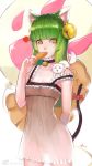  1girl animal_ears ass_visible_through_thighs bangs bell bell_collar blunt_bangs cat cat_ears cat_tail collar cowboy_shot crusaders_quest dress fang food frilled_dress frills green_hair highres hime_cut jingle_bell long_hair see-through_silhouette solo squidsmith strap_slip tail taiyaki wagashi yellow_eyes 