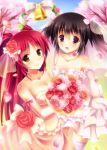  2girls black_hair bouquet breasts bridal_veil bride cherry cherry_blossoms collarbone dress elbow_gloves flower food frilled_dress frills fruit gloves highres kousaka_tamaki light_smile long_hair looking_at_viewer multiple_girls off_shoulder open_mouth outdoors red_eyes redhead short_dress short_twintails smile suzumia_(daydream) thigh-highs to_heart_2 twintails veil wedding wedding_dress white_legwear yellow_eyes yuzuhara_konomi 