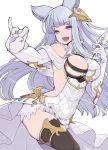 1girl :d animal_ears bangs bare_shoulders black_legwear blue_eyes breasts cat_ears elbow_gloves gloves granblue_fantasy hair_ornament hanauna highres korwa large_breasts long_hair looking_at_viewer mismatched_legwear open_mouth quill silver_hair simple_background smile solo thigh-highs thread white_background white_gloves white_legwear 