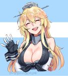  1girl blonde_hair blue_eyes breasts cleavage elbow_gloves fingerless_gloves gloves iowa_(kantai_collection) kantai_collection ko-on_(ningen_zoo) long_hair waving 