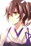  &gt;:) aosaki_yukina brown_eyes brown_hair japanese_clothes kaga_(kantai_collection) kantai_collection looking_away muneate side_ponytail smile upper_body white_background 