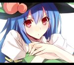 &gt;:/ 1girl aosaki_yukina black_hat blue_hair food fruit hat hinanawi_tenshi leaf letterboxed long_hair looking_at_viewer peach puffy_short_sleeves puffy_sleeves red_eyes short_sleeves solo touhou upper_body white_background 