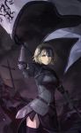  1girl armor armored_dress banner black_legwear blonde_hair breasts clouds cross fate/apocrypha fate/grand_order fate_(series) gauntlets headpiece highres jeanne_alter kkkok__a petals ruler_(fate/apocrypha) ruler_(fate/grand_order) solo staff sword thigh-highs weapon yellow_eyes 