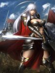  1girl abs ahoge breasts cape cleavage highres huge_ahoge knight large_breasts lips looking_at_viewer minami_koyogi original red_eyes silver_hair sword thighs weapon 