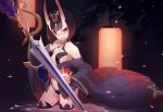  1girl bare_shoulders black_hair fang fate/grand_order fate_(series) horns japanese_clothes kimono lantern off_shoulder oni open_mouth paper_lantern short_hair shuten_douji_(fate/grand_order) solo sword truc_bui violet_eyes weapon 
