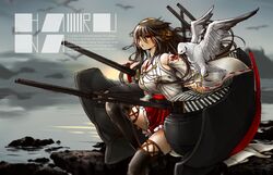  :o bird boots detached_sleeves english fuu__taro haruna_(kantai_collection) highres kantai_collection long_hair miniskirt nontraditional_miko parted_lips pleated_skirt seagull sitting skirt thigh-highs thigh_boots turret wide_sleeves wind yellow_eyes 