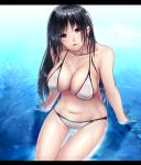  1girl arm_support big.g bikini black_hair breasts cleavage collarbone highres large_breasts long_hair navel partially_submerged smile solo swimsuit violet_eyes water wet white_bikini 