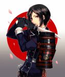  1boy armor black_gloves black_hair brown_eyes cherry_blossoms gloves holding holding_weapon japanese_armor japanese_flag looking_at_viewer military military_uniform parted_lips petals ri-rihoo scissors sode tantou touken_ranbu uniform weapon yagen_toushirou 