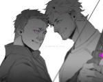  2boys avengers:_age_of_ultron blue_eyes blurry bow_(weapon) clint_barton depth_of_field facial_hair glowing glowing_eyes kyosuke marvel multiple_boys pietro_maximoff spot_color stubble violet_eyes weapon 