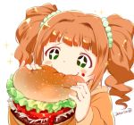  +_+ 1girl eating food green_eyes hamburger idolmaster long_hair lowres nagian orange_hair raglan_sleeves solo takatsuki_yayoi twintails 