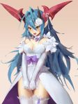  1girl absurdres blue_hair blush breasts cleavage covering covering_crotch dragon_horns dress elbow_gloves embarrassed gloves highres horns long_hair open_mouth orange_eyes orokanahime puzzle_&amp;_dragons satsuki_(p&amp;d) solo standing thigh-highs wedding_dress zettai_ryouiki 