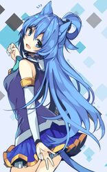  1girl animal_ears aqua_(konosuba) blue_eyes blue_hair blush breasts cat_ears cat_tail detached_sleeves hair_rings kono_subarashii_sekai_ni_shukufuku_wo! long_hair looking_back mishima_kurone open_mouth skirt smile solo tail thigh-highs 