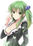  &gt;:o 1girl :o aosaki_yukina breasts butterfly cleavage finger_to_cheek green_eyes green_hair hair_bobbles hair_ornament long_sleeves looking_at_viewer no_bra original parted_lips side_ponytail solo upper_body white_background 