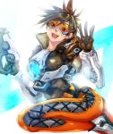  1girl ass bodysuit breasts brown_hair gloves goggles gun handgun jacket kink looking_at_viewer overwatch short_hair smile solo spiky_hair tracer_(overwatch) waving weapon 