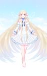  1girl barefoot blonde_hair blue_ribbon breasts brown_eyes chii chobits cleavage dress full_body highres long_hair looking_at_viewer ribbon saino smile solo white_dress wings 