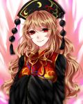  1girl absurdres alternate_hairstyle bangs black_dress blonde_hair braid breasts chinese_clothes dress energy eyes_visible_through_hair fox_tail french_braid hair_between_eyes hands_together hat head_tilt highres junko_(touhou) long_hair long_sleeves looking_at_viewer multiple_tails red_eyes ribbon sheya shiny shiny_hair simple_background smile solo tabard tail touhou upper_body very_long_hair white_background wide_sleeves 